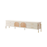 Beige modern TV stand with glass doors, LED lighting, and four storage drawers